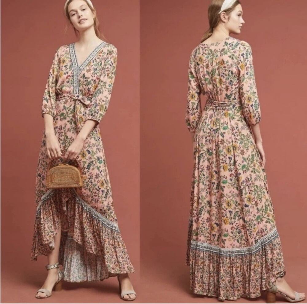 FARM RIO ANTHROPOLOGIE Clara Pink Floral Wrap Maxi Women’s Dress Size XS